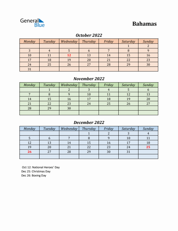 Q4 2022 Holiday Calendar - Bahamas