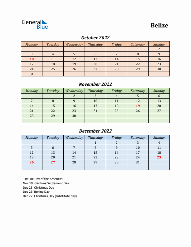 Q4 2022 Holiday Calendar - Belize