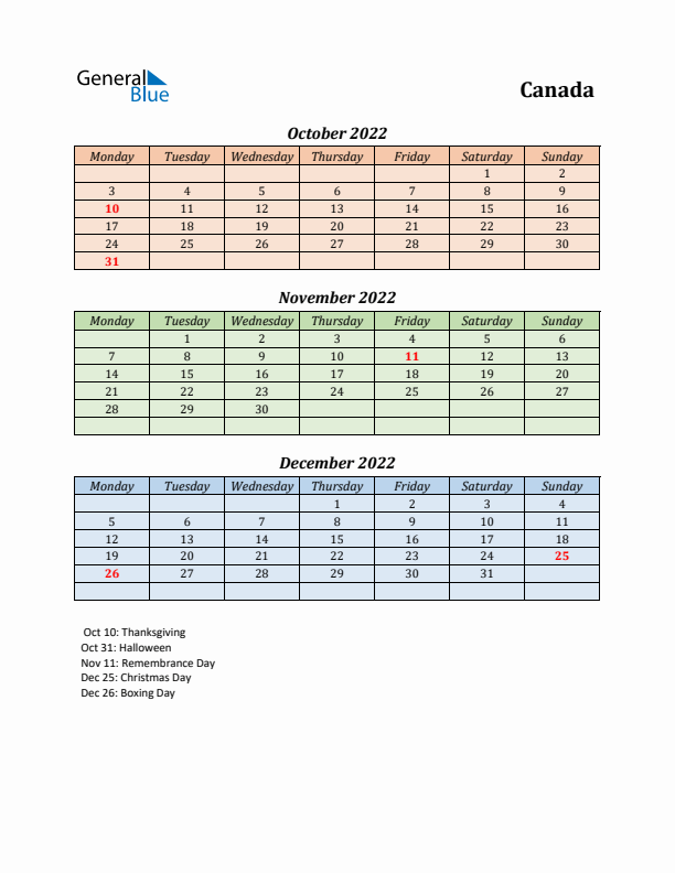 Q4 2022 Holiday Calendar - Canada