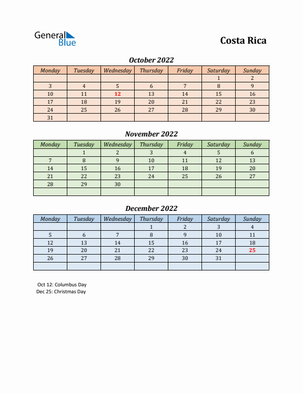 Q4 2022 Holiday Calendar - Costa Rica