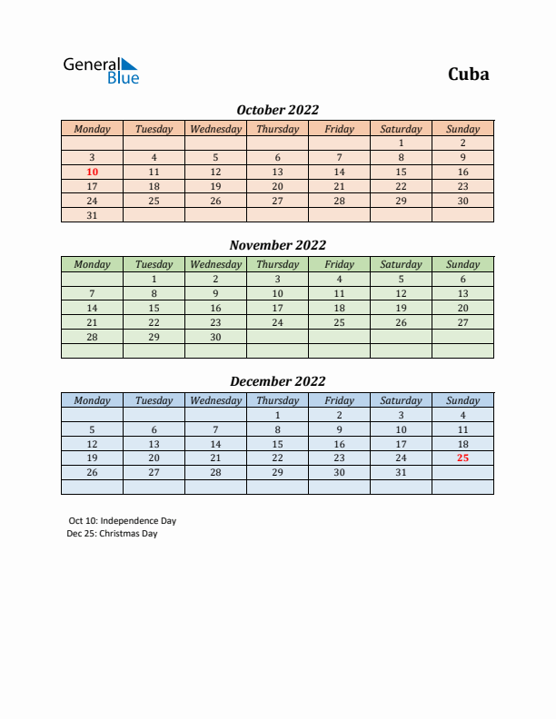 Q4 2022 Holiday Calendar - Cuba