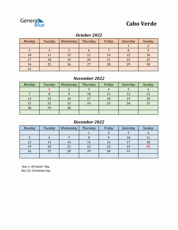 Q4 2022 Holiday Calendar - Cabo Verde