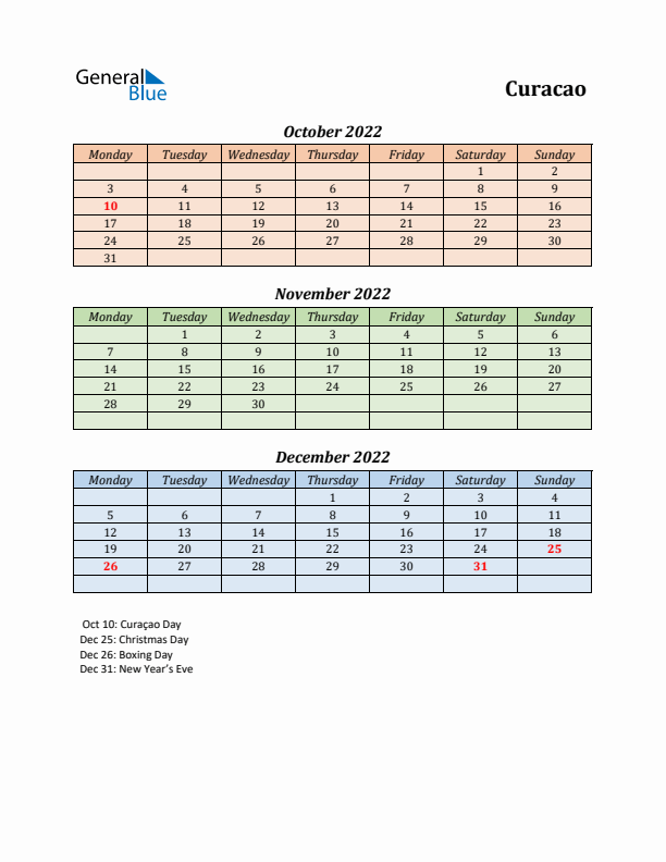 Q4 2022 Holiday Calendar - Curacao