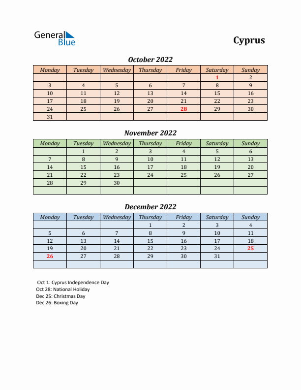 Q4 2022 Holiday Calendar - Cyprus