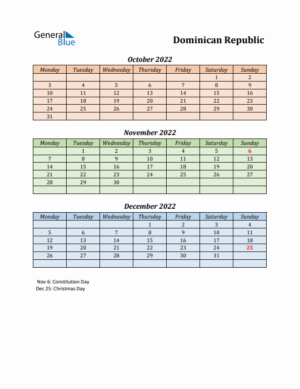 Q4 2022 Holiday Calendar - Dominican Republic