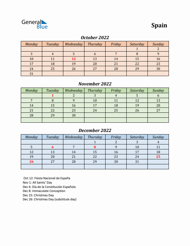 Q4 2022 Holiday Calendar - Spain