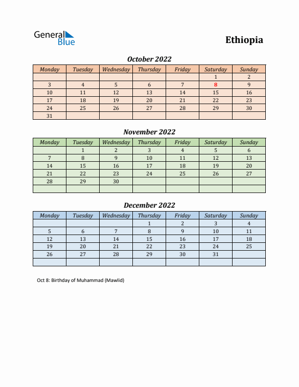 Q4 2022 Holiday Calendar - Ethiopia