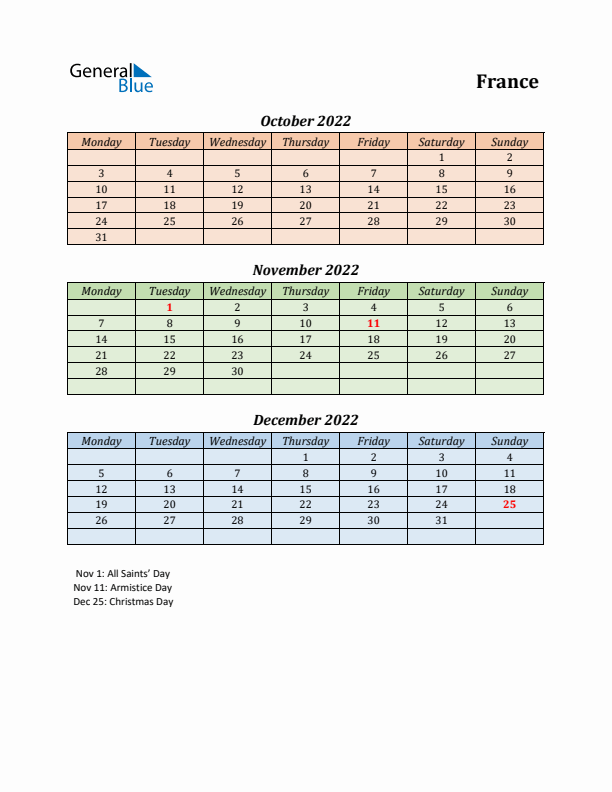 Q4 2022 Holiday Calendar - France