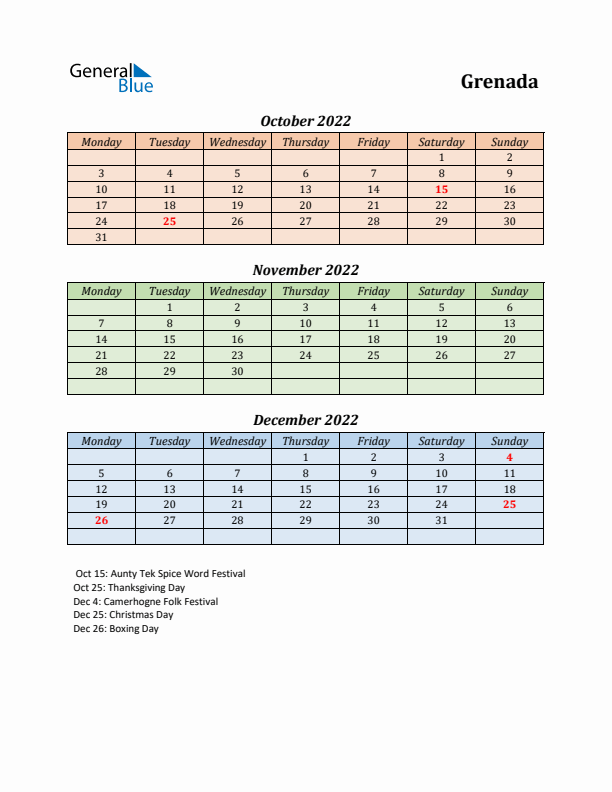 Q4 2022 Holiday Calendar - Grenada