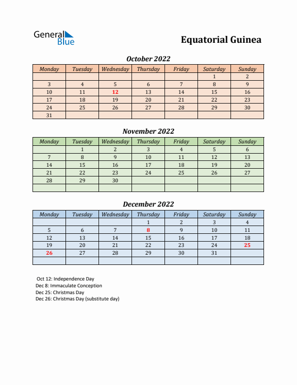 Q4 2022 Holiday Calendar - Equatorial Guinea