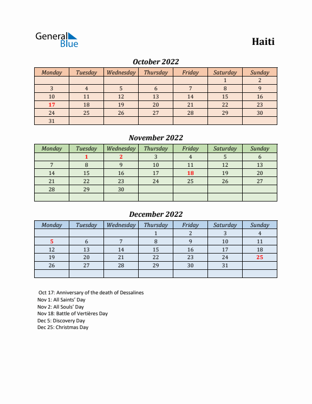 Q4 2022 Holiday Calendar - Haiti