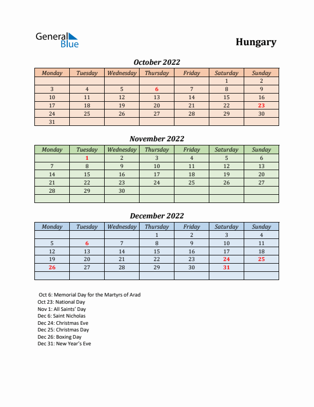 Q4 2022 Holiday Calendar - Hungary