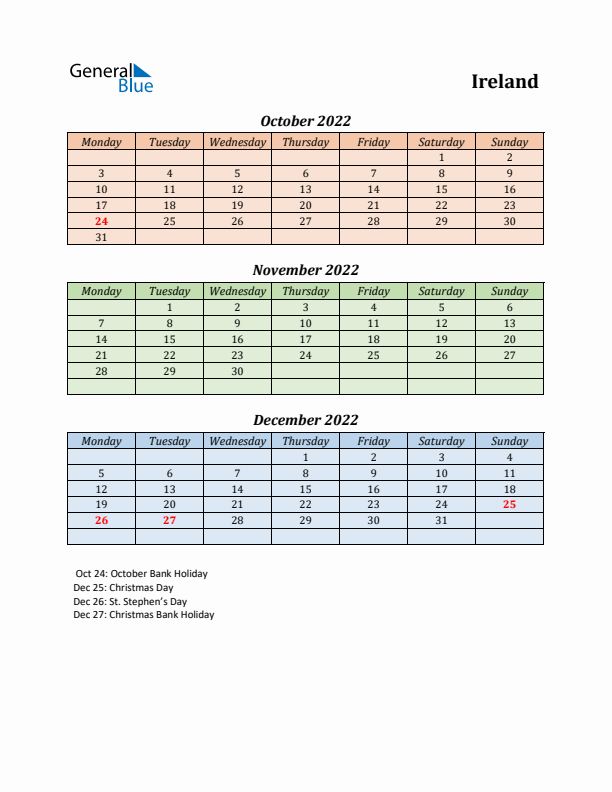 Q4 2022 Holiday Calendar - Ireland