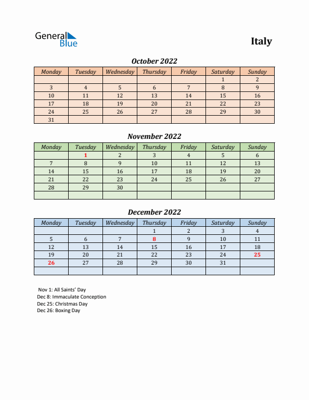 Q4 2022 Holiday Calendar - Italy