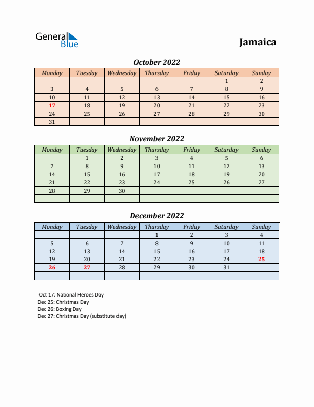 Q4 2022 Holiday Calendar - Jamaica