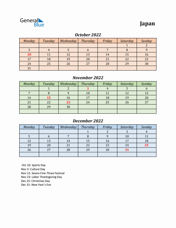 Q4 2022 Holiday Calendar - Japan