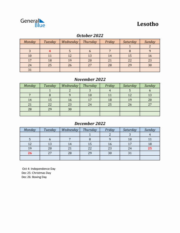 Q4 2022 Holiday Calendar - Lesotho