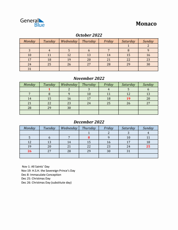 Q4 2022 Holiday Calendar - Monaco