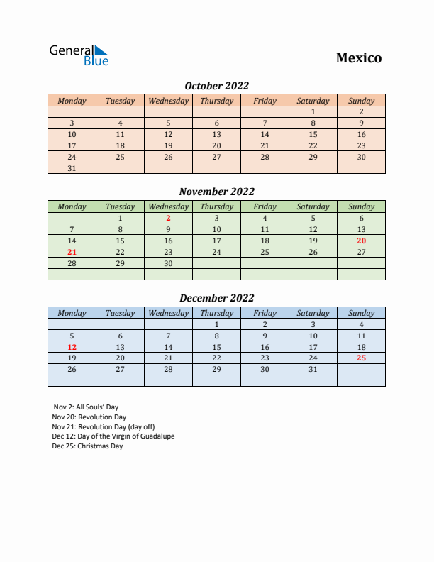 Q4 2022 Holiday Calendar - Mexico