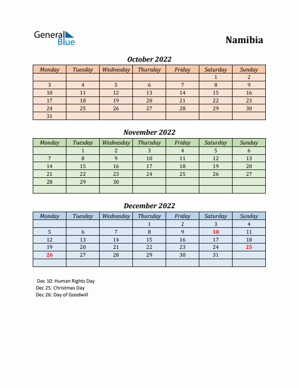 Q4 2022 Holiday Calendar - Namibia