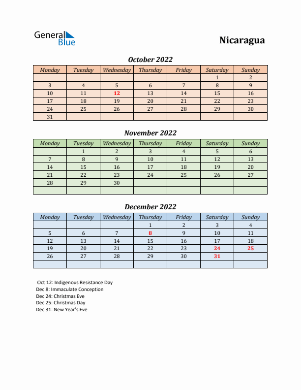 Q4 2022 Holiday Calendar - Nicaragua