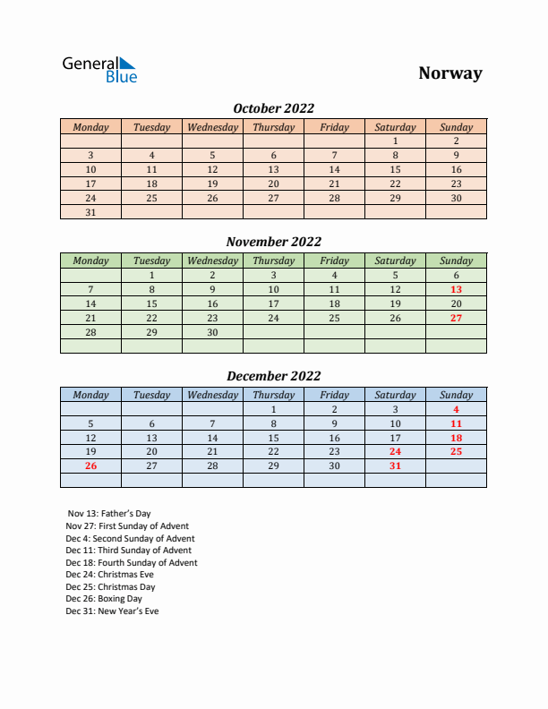 Q4 2022 Holiday Calendar - Norway