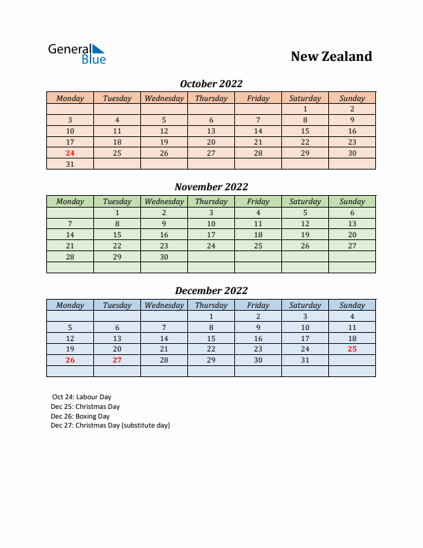 Q4 2022 Holiday Calendar - New Zealand