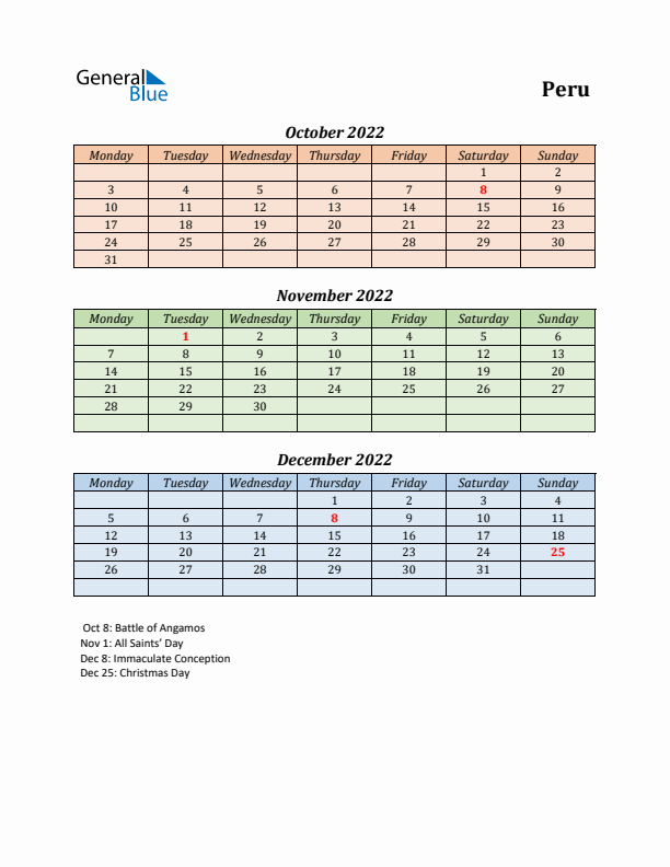 Q4 2022 Holiday Calendar - Peru