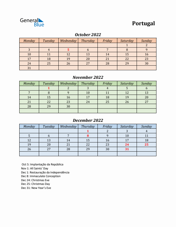 Q4 2022 Holiday Calendar - Portugal