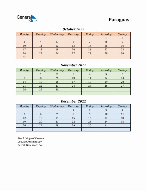 Q4 2022 Holiday Calendar - Paraguay