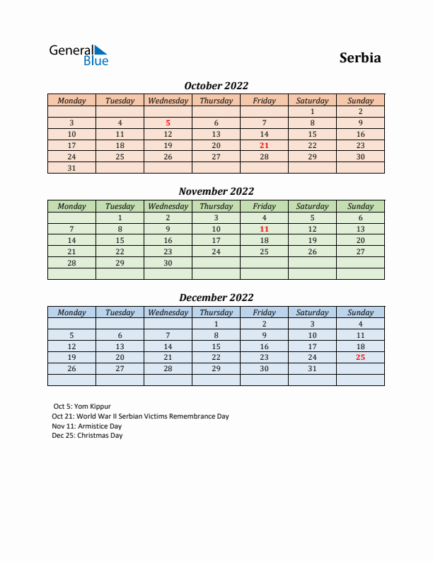 Q4 2022 Holiday Calendar - Serbia