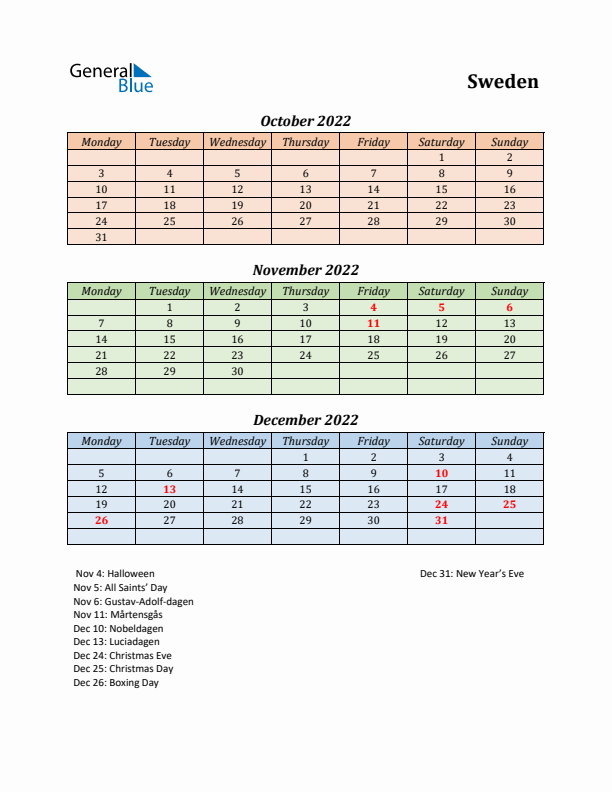 Q4 2022 Holiday Calendar - Sweden