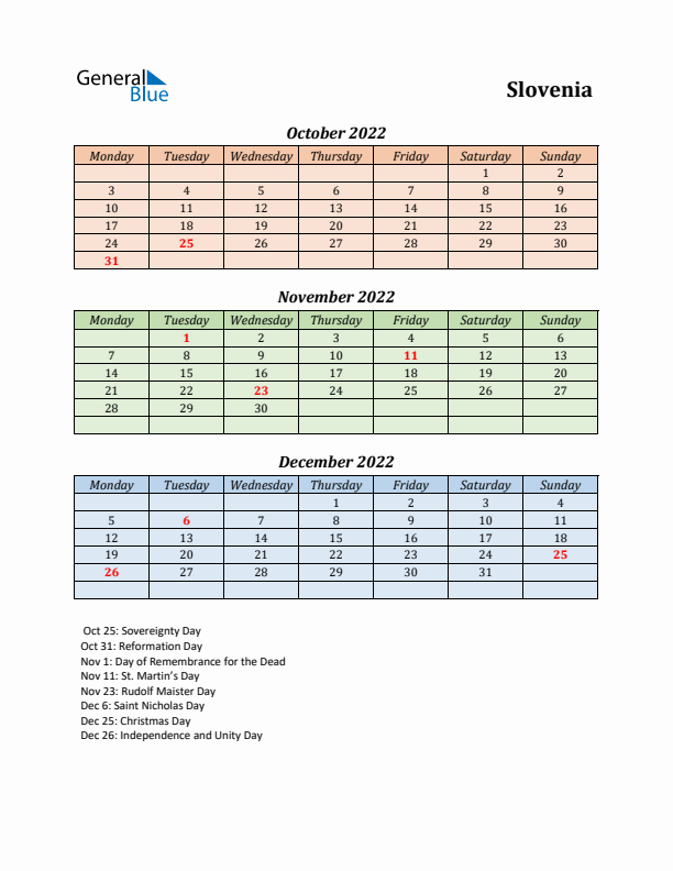 Q4 2022 Holiday Calendar - Slovenia