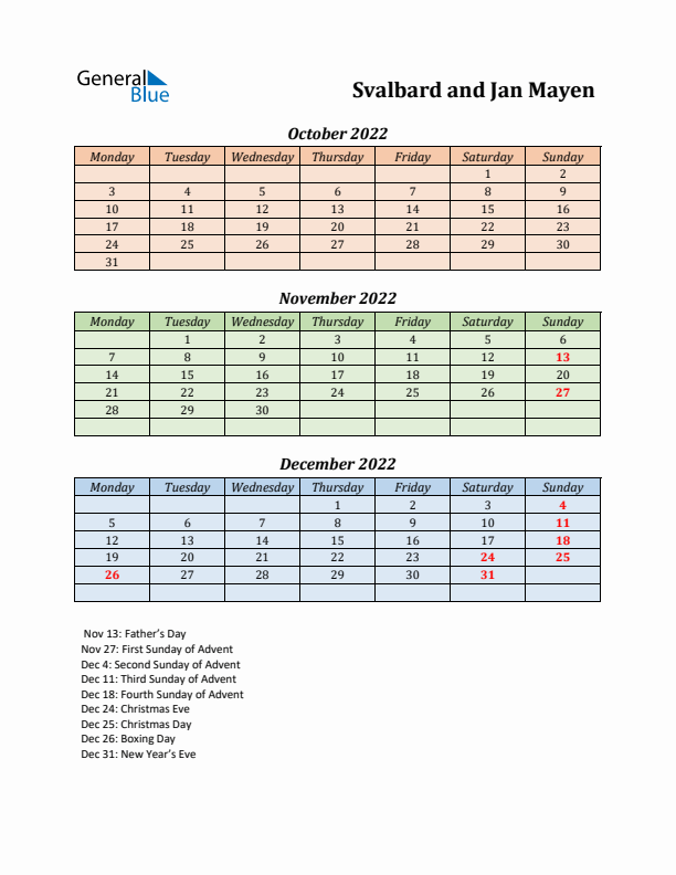 Q4 2022 Holiday Calendar - Svalbard and Jan Mayen