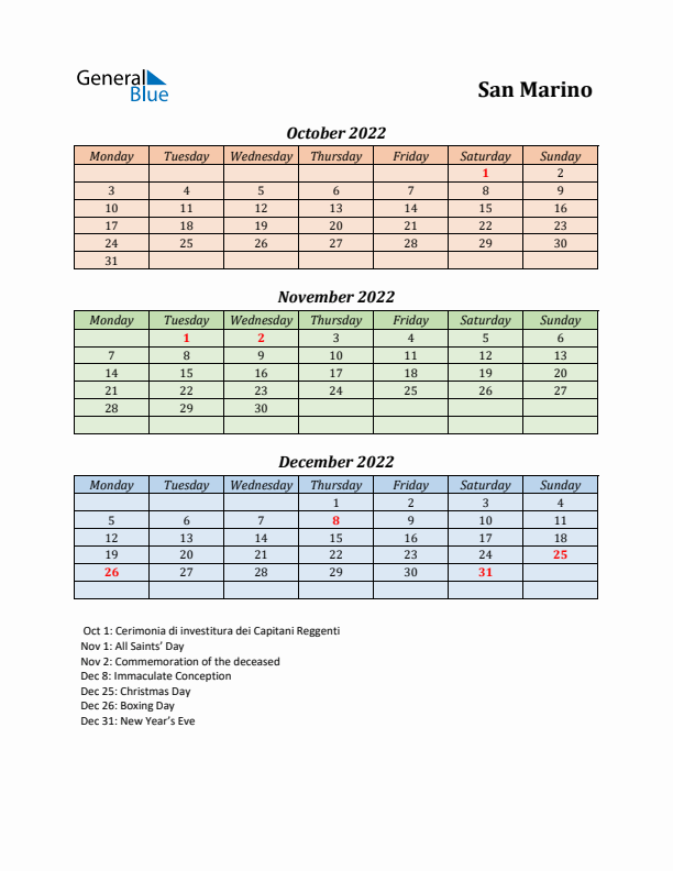 Q4 2022 Holiday Calendar - San Marino