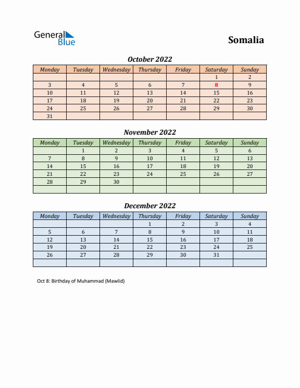 Q4 2022 Holiday Calendar - Somalia