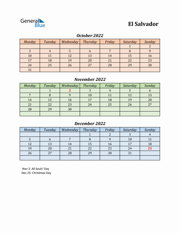 Q4 2022 Holiday Calendar - El Salvador