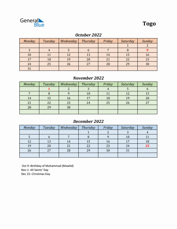 Q4 2022 Holiday Calendar - Togo