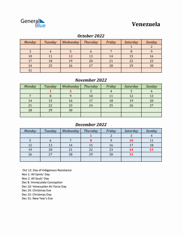 Q4 2022 Holiday Calendar - Venezuela