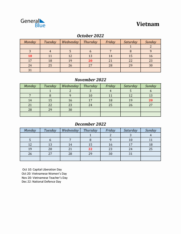 Q4 2022 Holiday Calendar - Vietnam