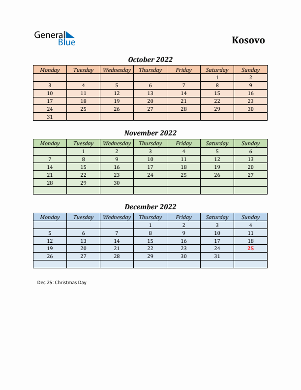 Q4 2022 Holiday Calendar - Kosovo