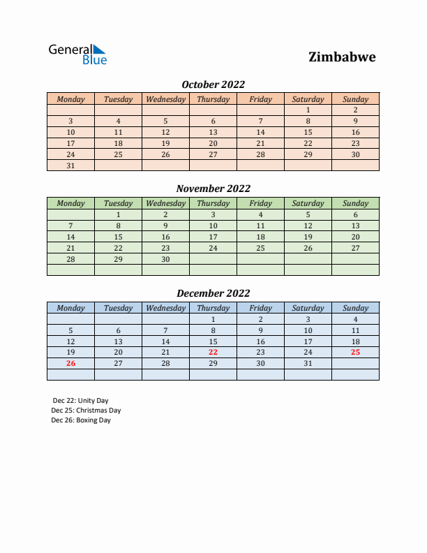 Q4 2022 Holiday Calendar - Zimbabwe