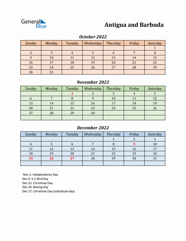 Q4 2022 Holiday Calendar - Antigua and Barbuda