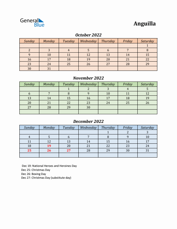 Q4 2022 Holiday Calendar - Anguilla