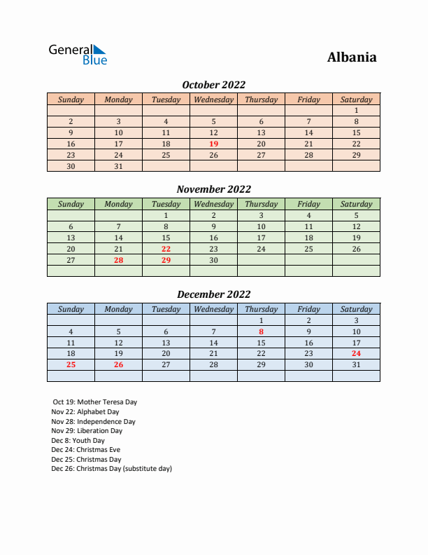 Q4 2022 Holiday Calendar - Albania