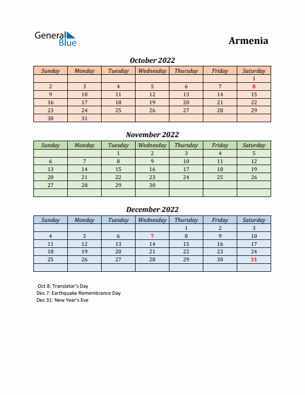 Q4 2022 Holiday Calendar - Armenia