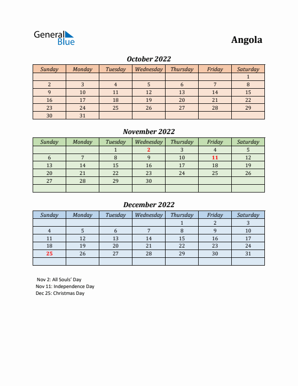 Q4 2022 Holiday Calendar - Angola