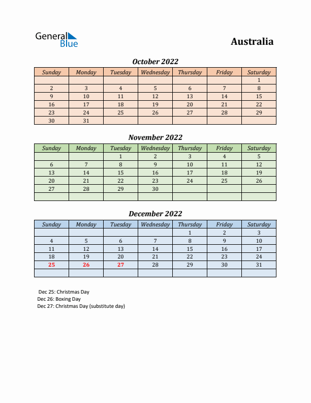 Q4 2022 Holiday Calendar - Australia