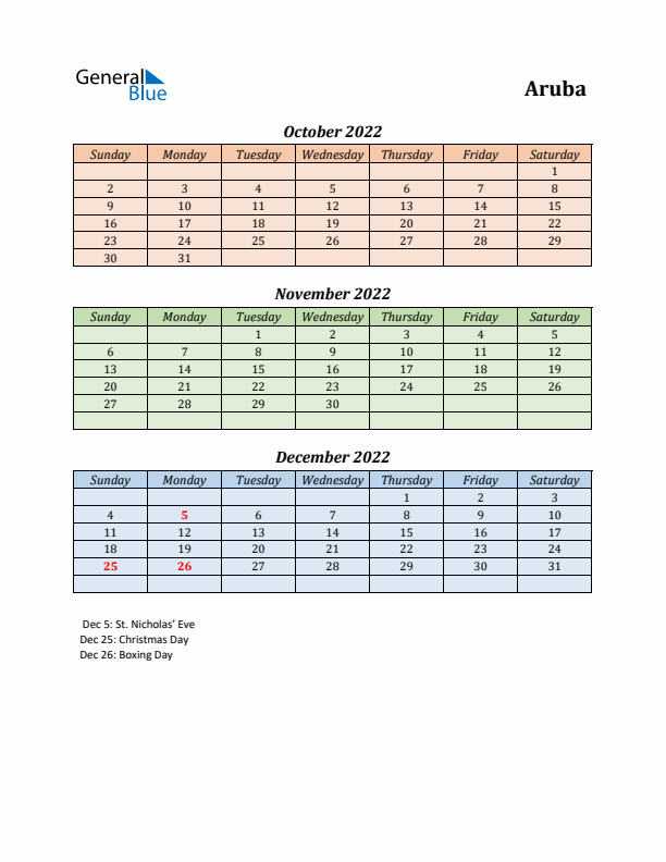 Q4 2022 Holiday Calendar - Aruba