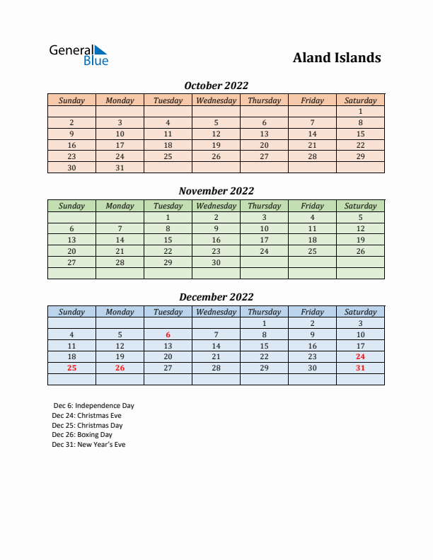 Q4 2022 Holiday Calendar - Aland Islands